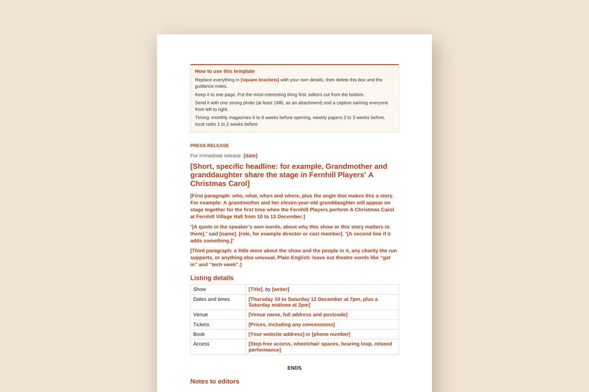 The first page of the press release template