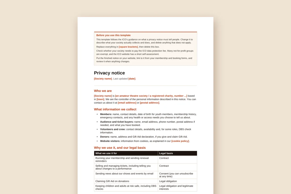 The first page of the privacy notice for societies template