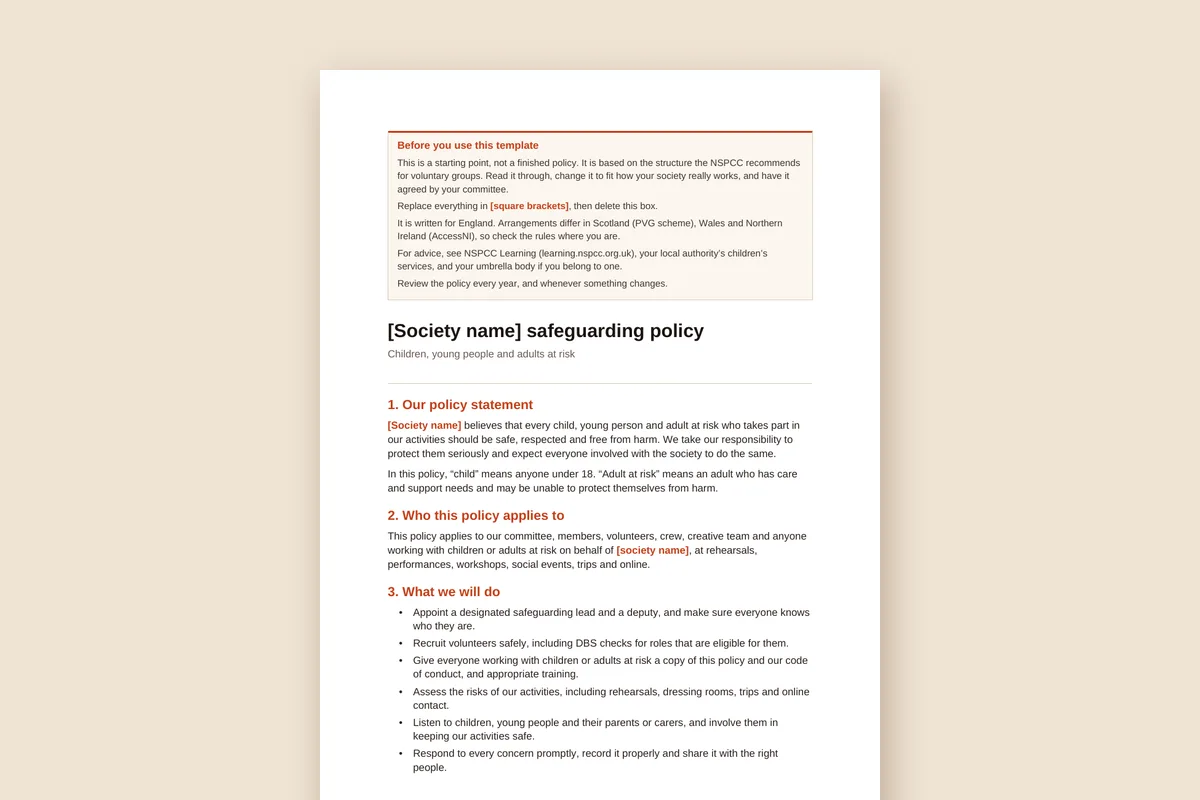 The first page of the safeguarding policy template