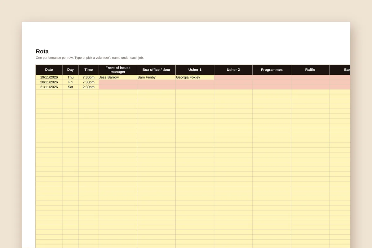 The first page of the volunteer rota template