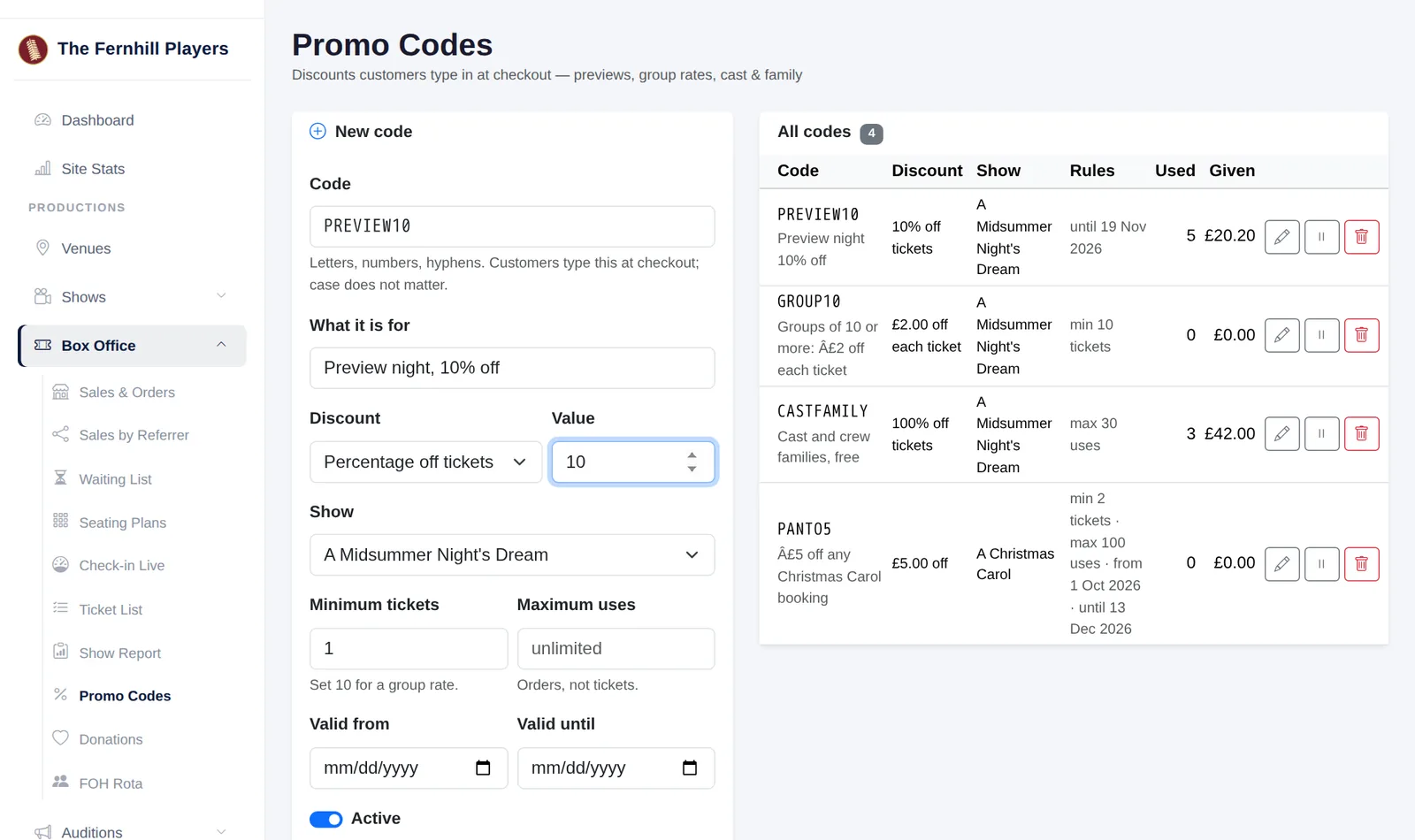 Making a 10% preview night code, with the existing codes and how often each has been used.