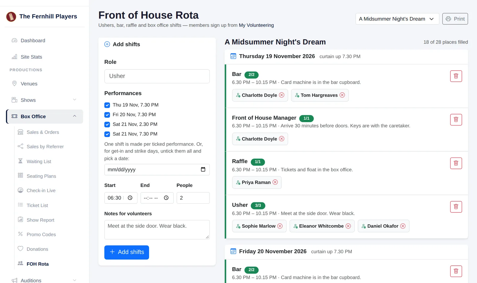 The rota for A Midsummer Night’s Dream: who is on each shift, and what still needs filling.