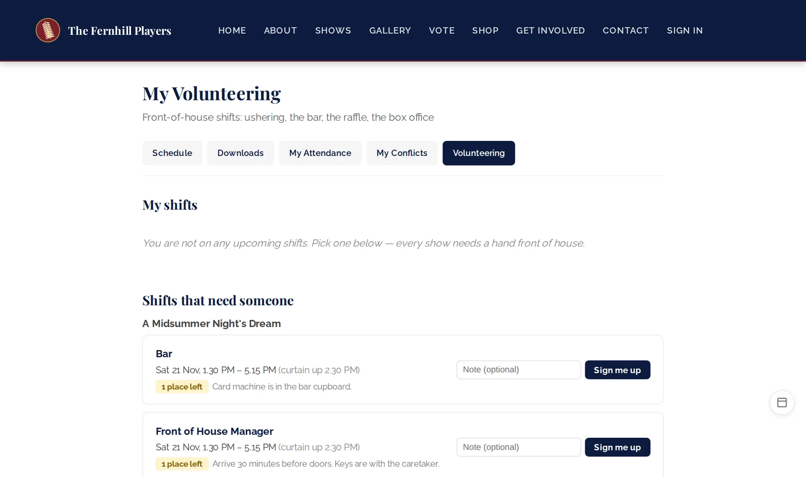 What members see: their shifts, and the ones that still need someone.