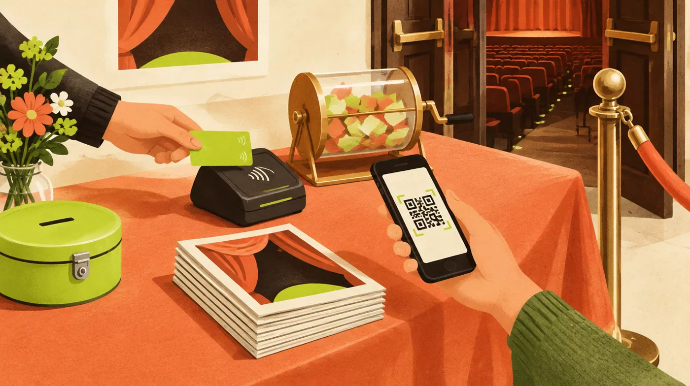 Front of house with a card reader, QR ticket scanning and the raffle — fewer people carry cash every year.