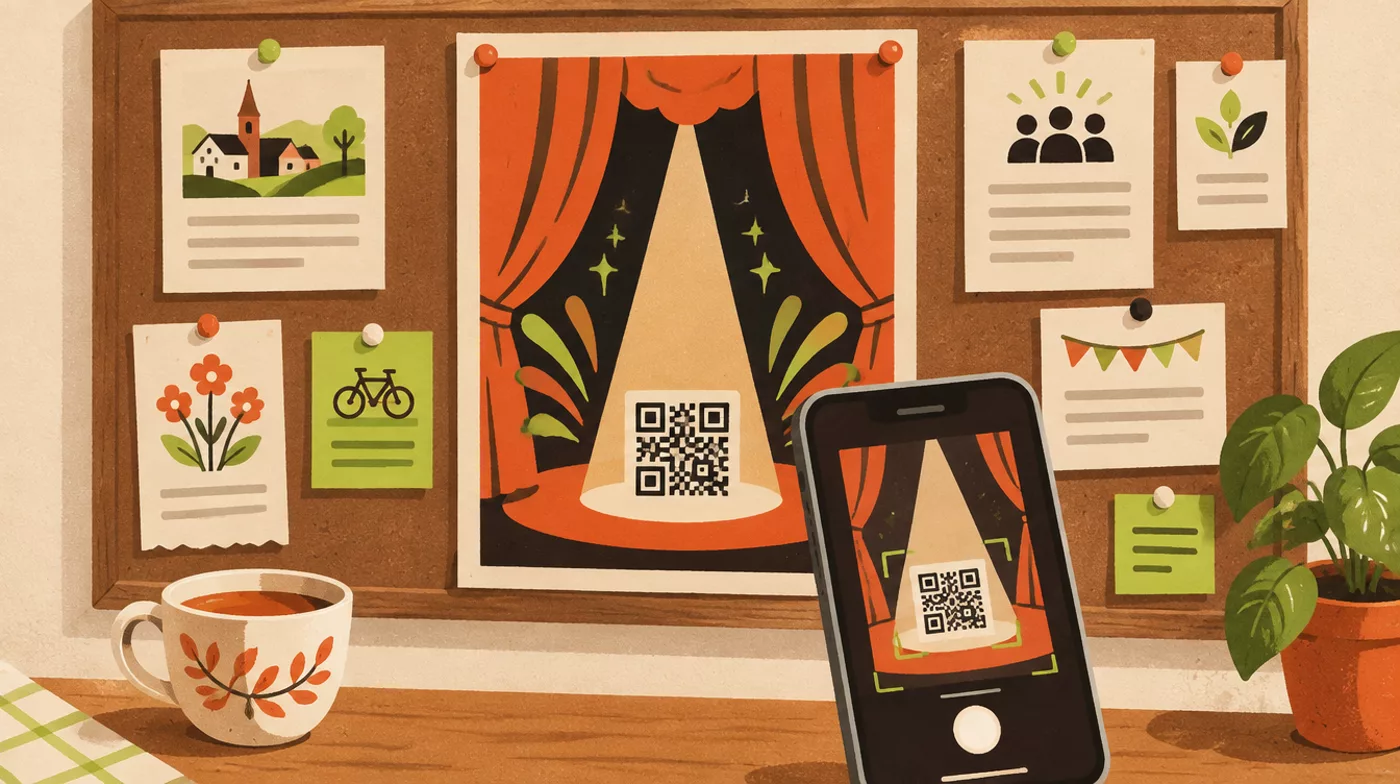 A poster on a community noticeboard. The QR code takes people straight to the booking page.