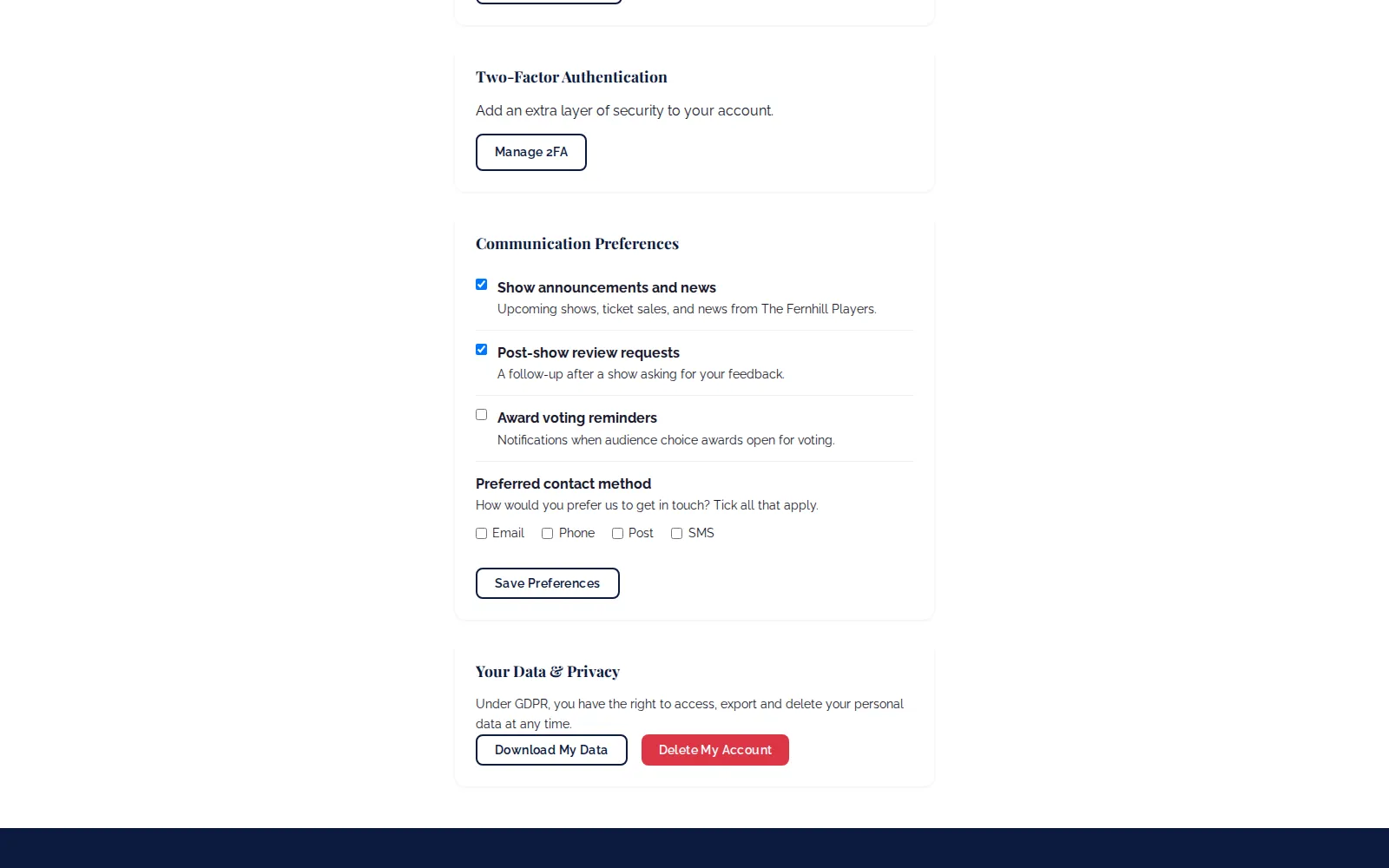 Communication preferences, two-factor authentication and data and privacy options in a patron's My Details page.