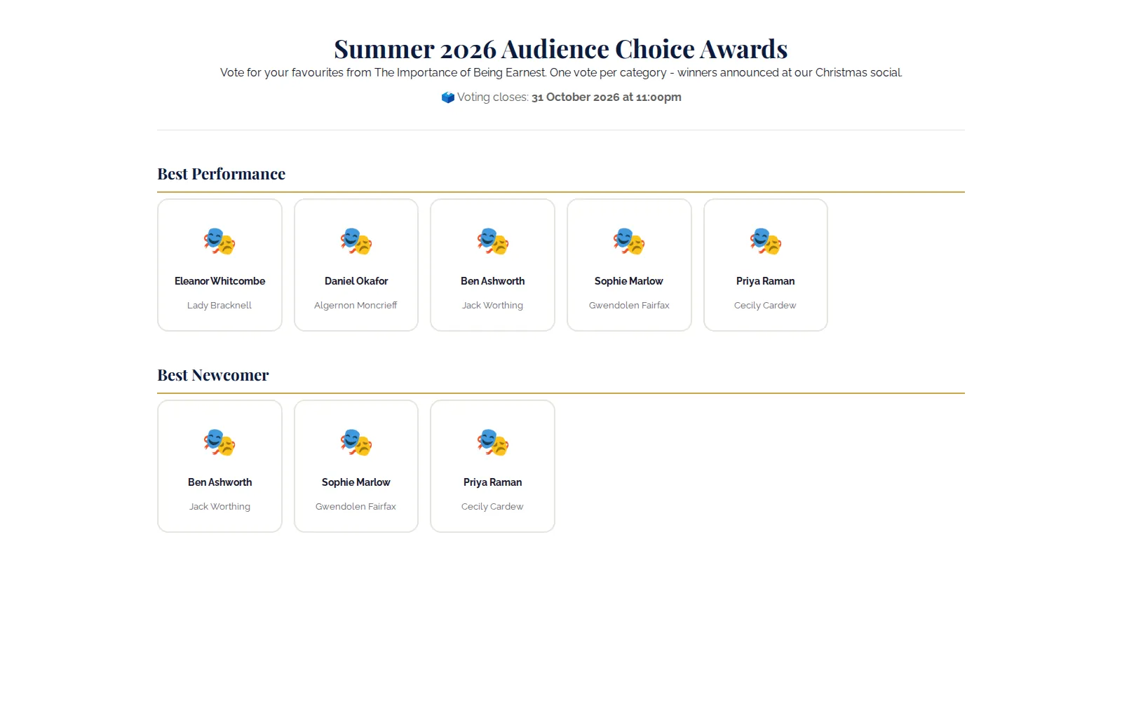 The public vote page: each category with the nominees' names and roles, and the closing date.