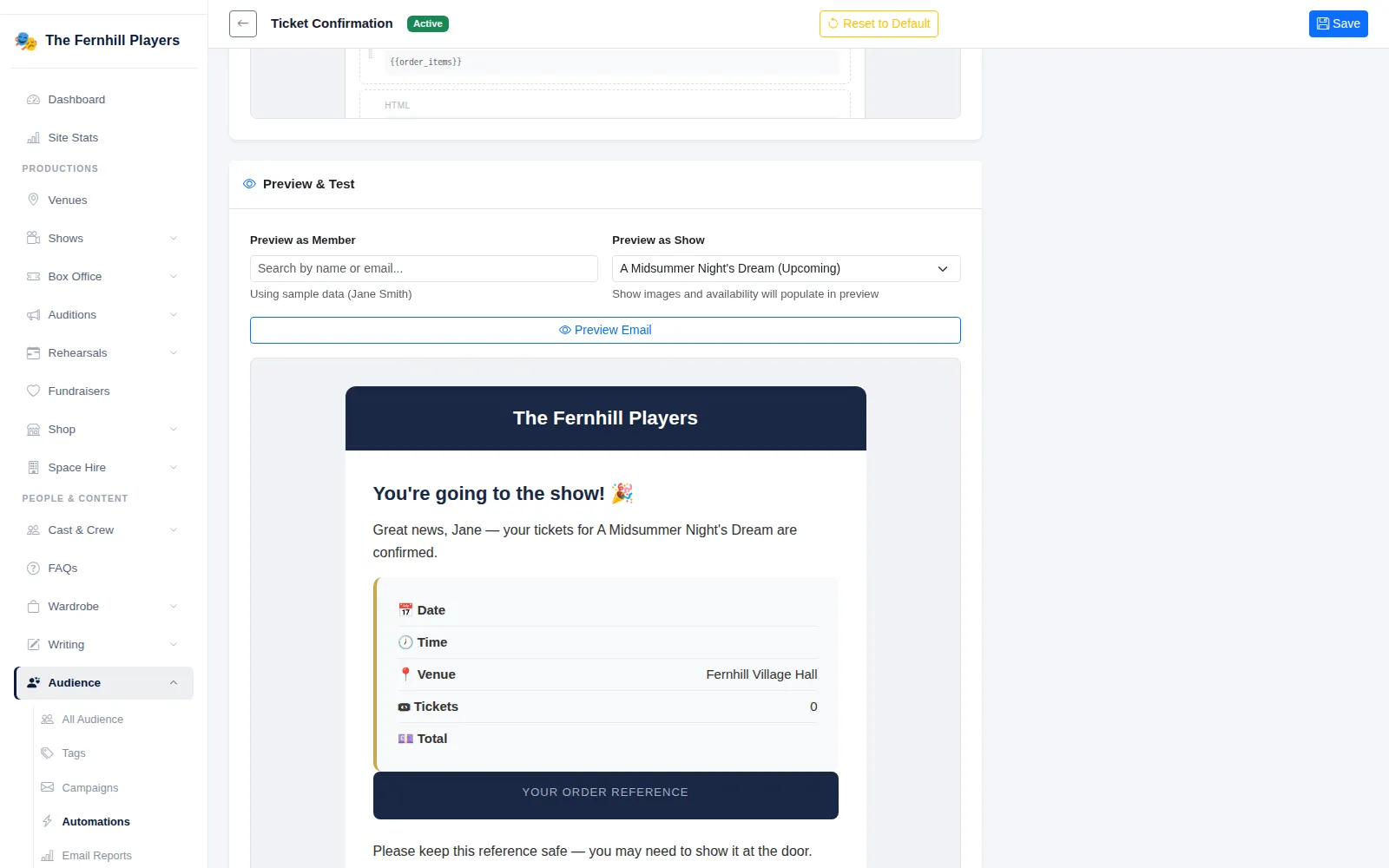 Previewing the Ticket Confirmation email with sample data for A Midsummer Night's Dream.
