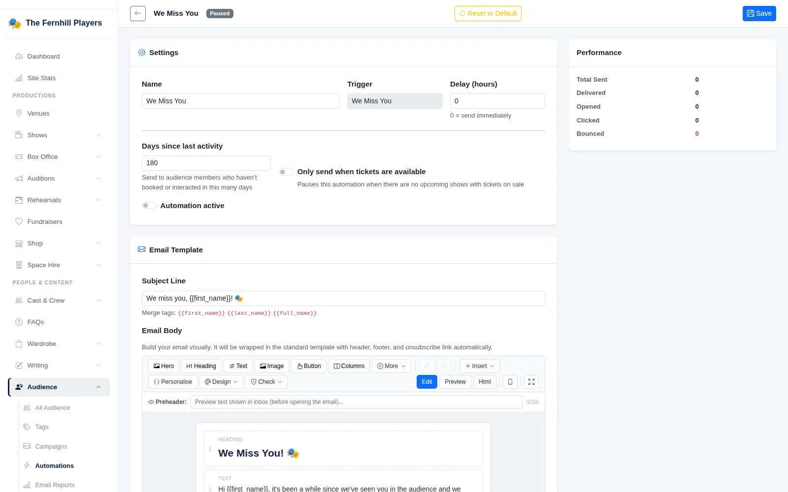Editing the We Miss You automation: days since last activity, the tickets-available switch, subject line and email body.