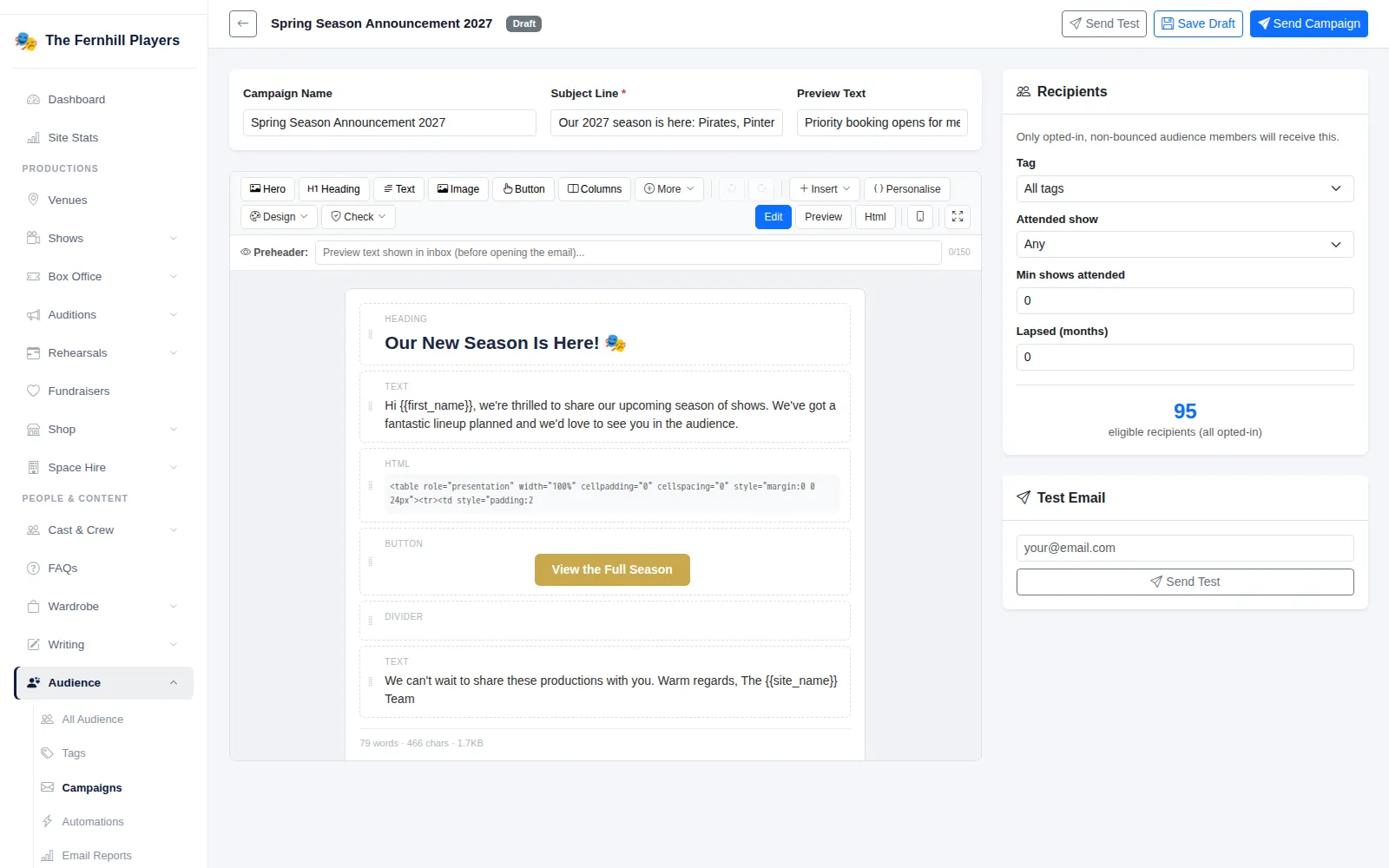 The Spring Season Announcement draft in the campaign editor, with subject line, preview text, content blocks and the Recipients panel.