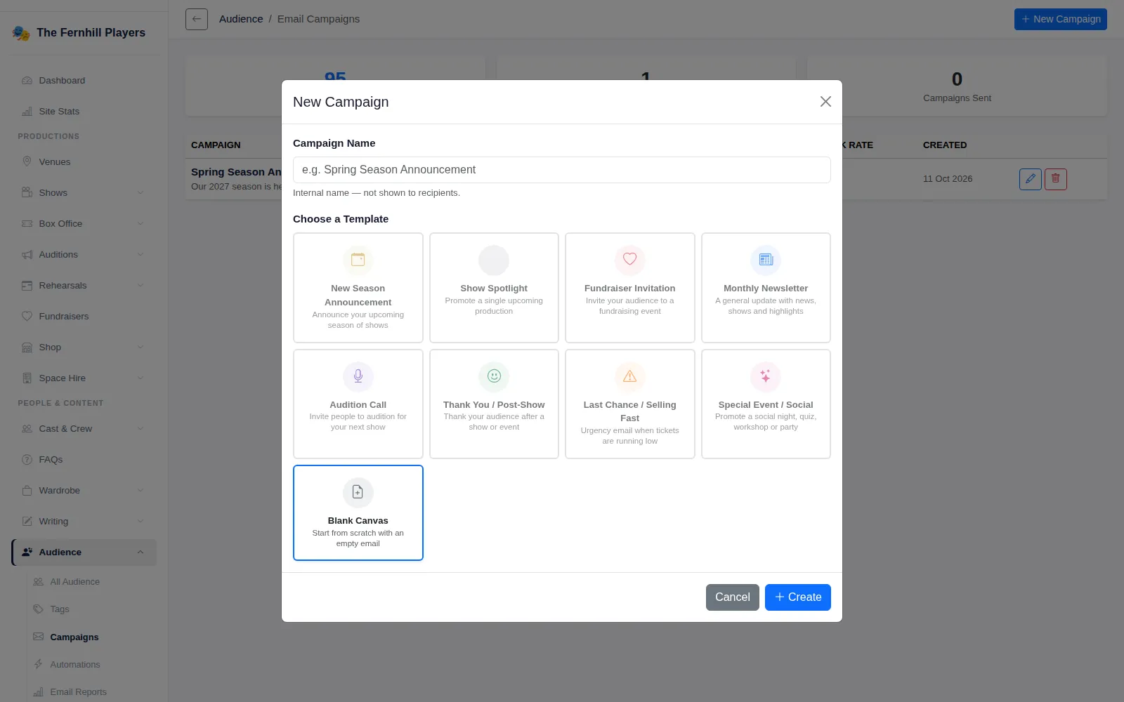 Choosing a template for a new email campaign, from New Season Announcement to Blank Canvas.