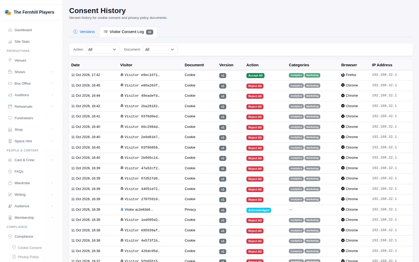 The Visitor Consent Log: each visitor's choice, with the policy version, categories, browser and IP address.