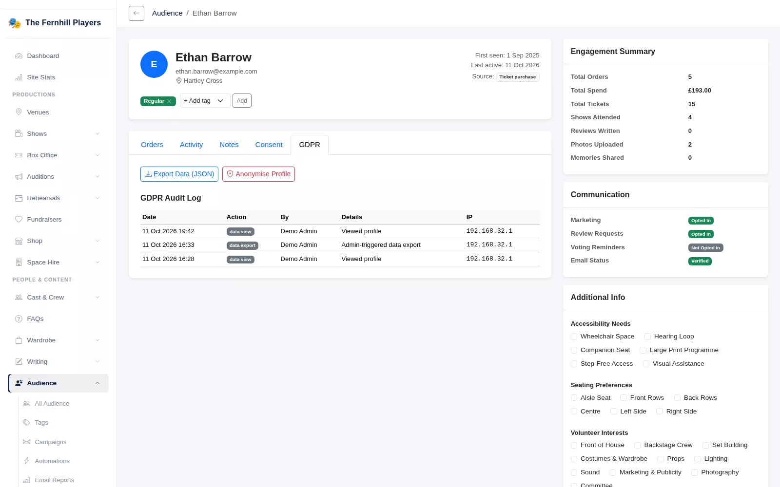 The GDPR tab on an audience profile, with Export Data (JSON), Anonymise Profile and the person's GDPR audit log.
