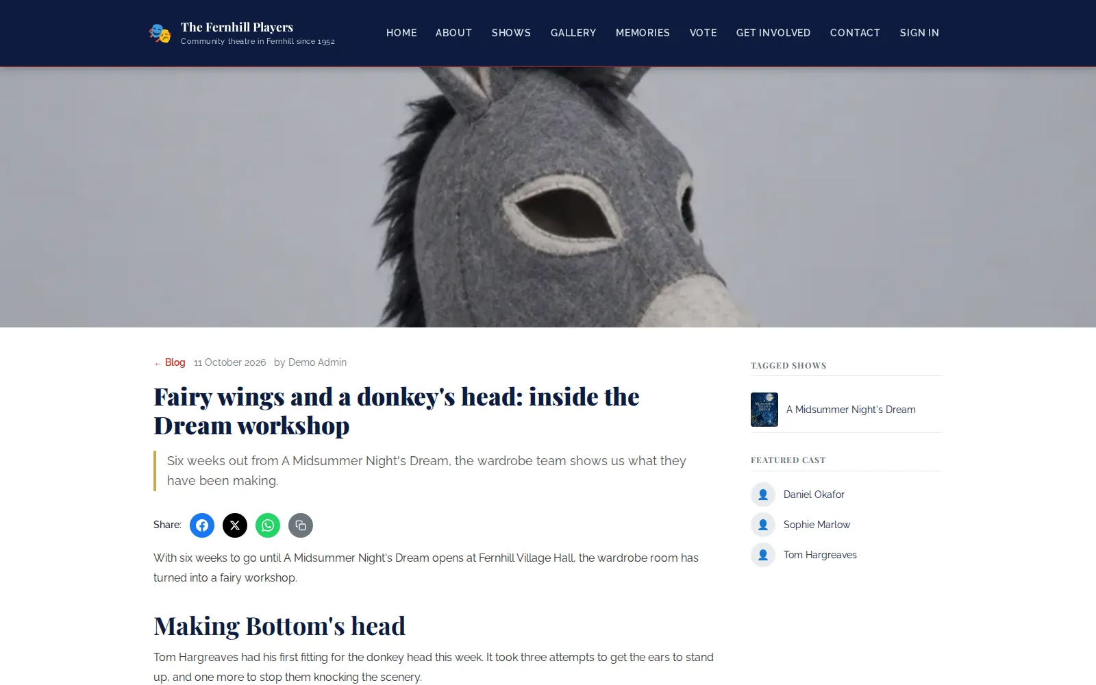 A published post with its cover image, share buttons, Tagged Shows and Featured Cast.