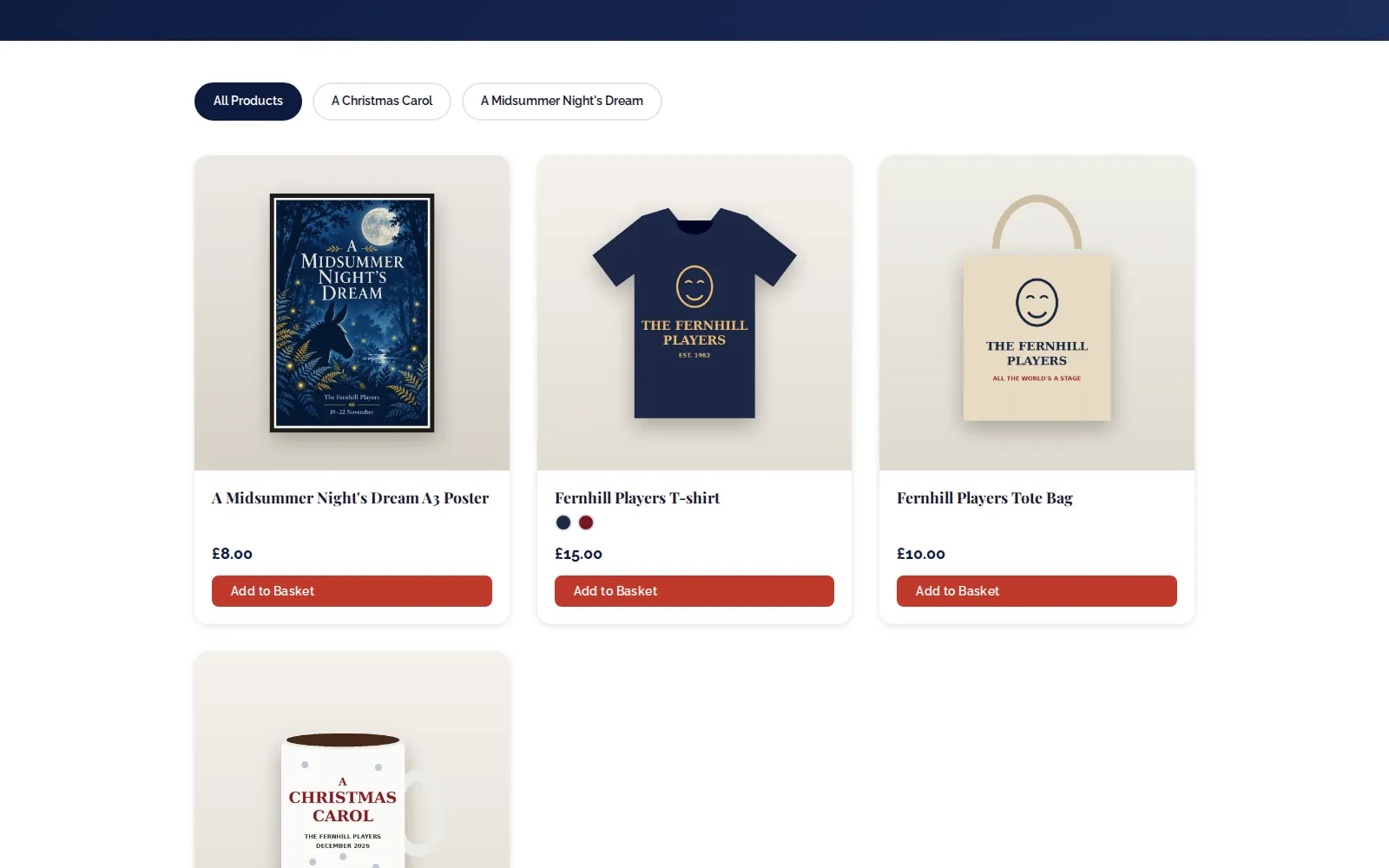 The public shop: product cards with photos, prices, colour swatches and filters for each show.