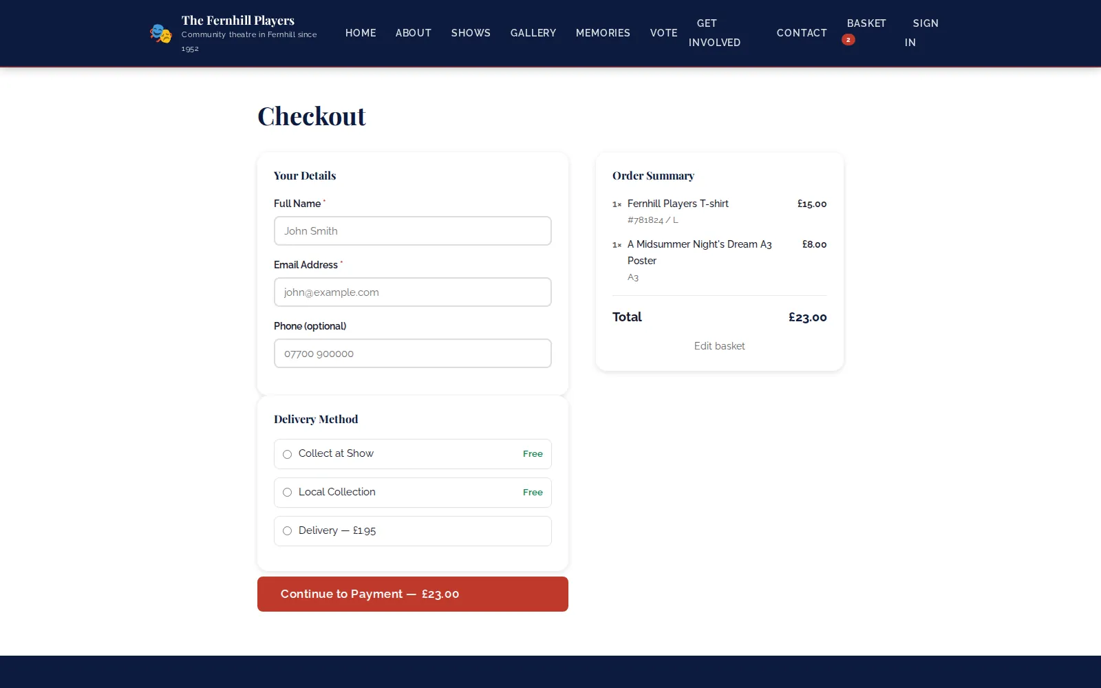 Checkout: customer details, the basket summary and the delivery methods you have switched on.