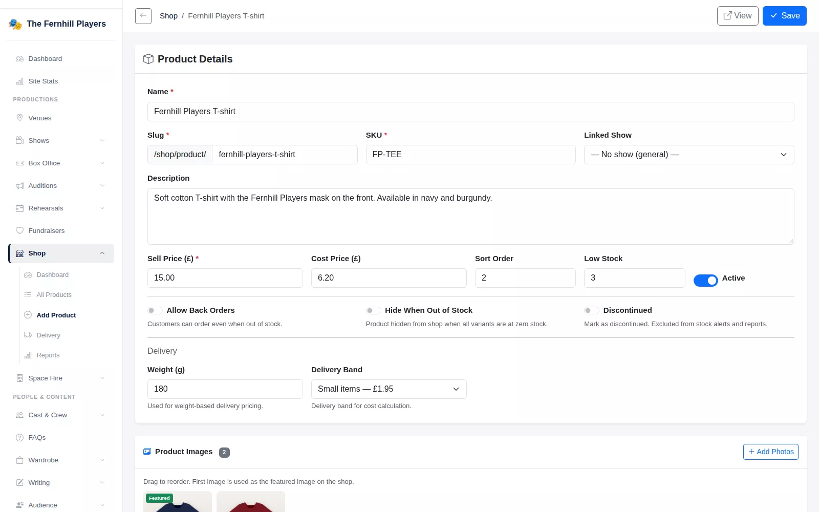 Editing a product: price, cost, linked show, photos and colour and size variants with their own stock.