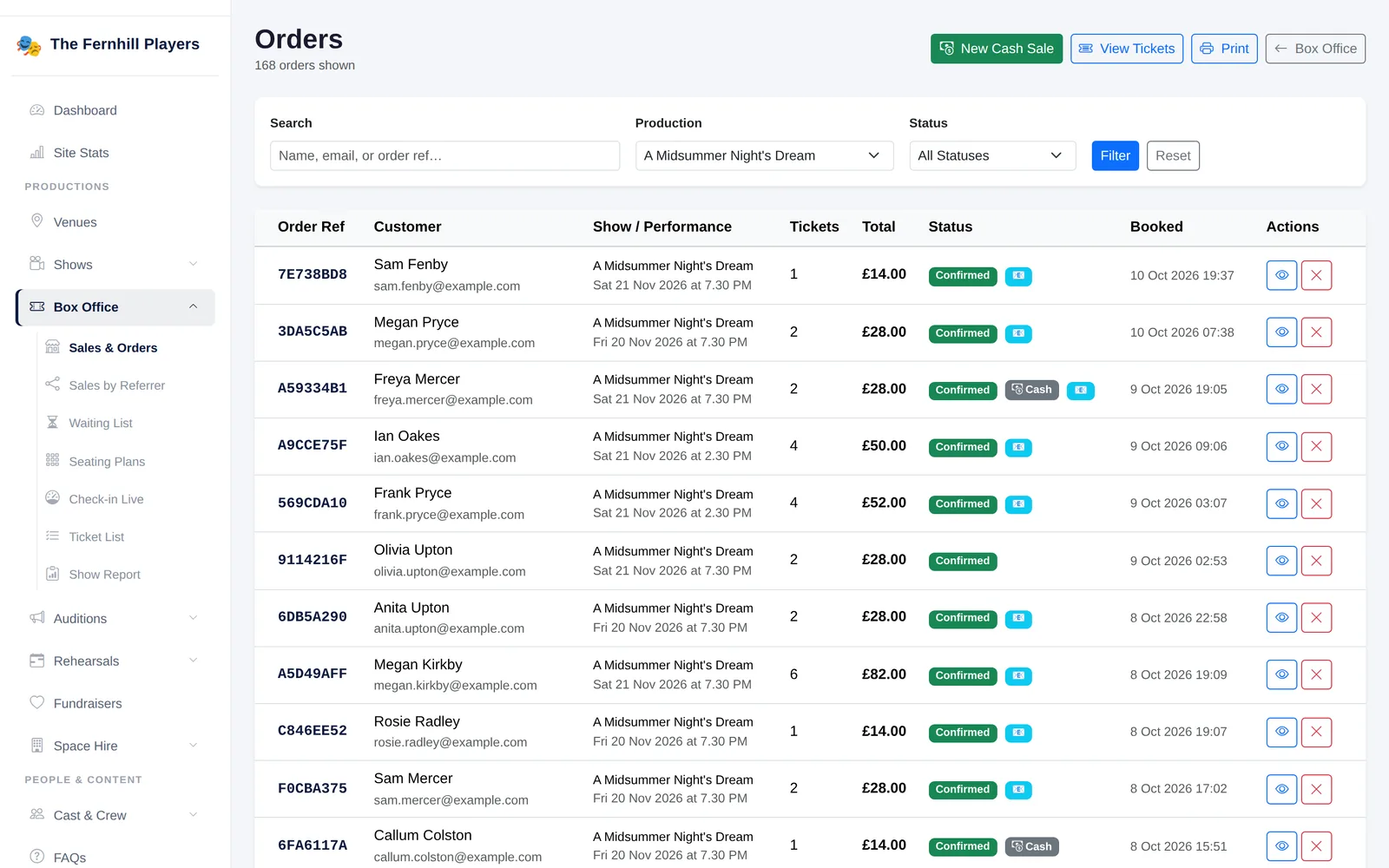 The orders list for a production: online and cash orders with reference, customer, performance and total.