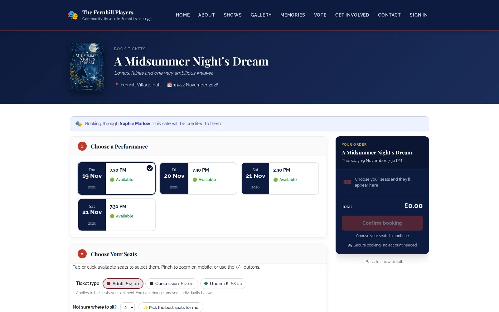 Booking through a cast member's link: the booking page shows who the sale will be credited to.