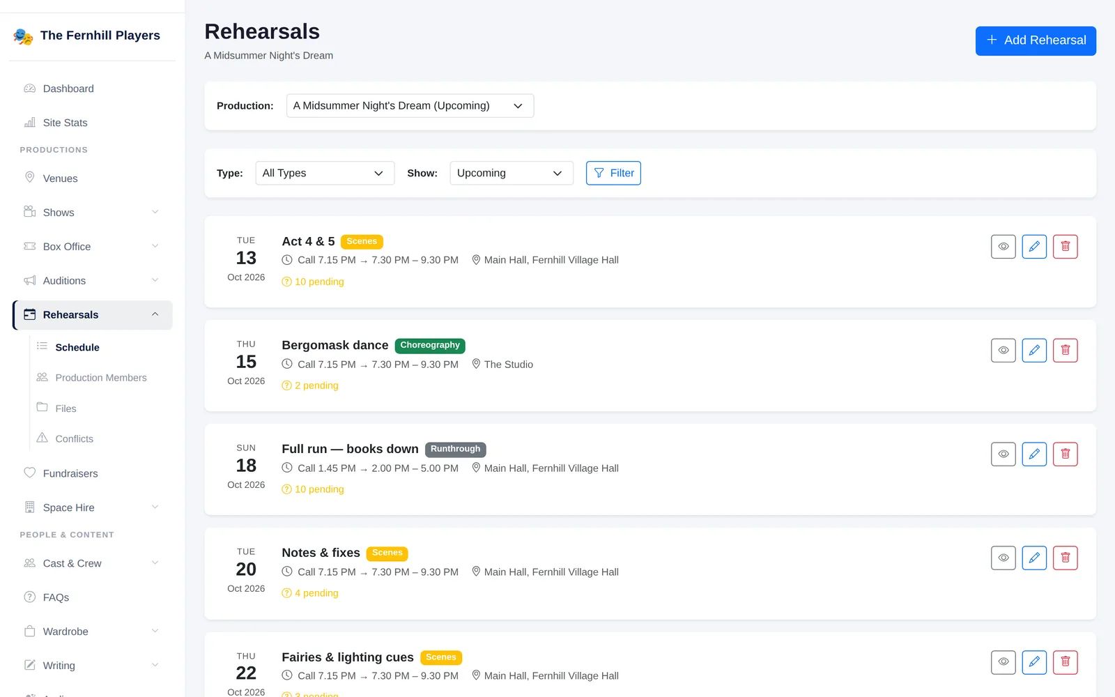 A production's rehearsal schedule, with call times, rooms and rehearsal types.