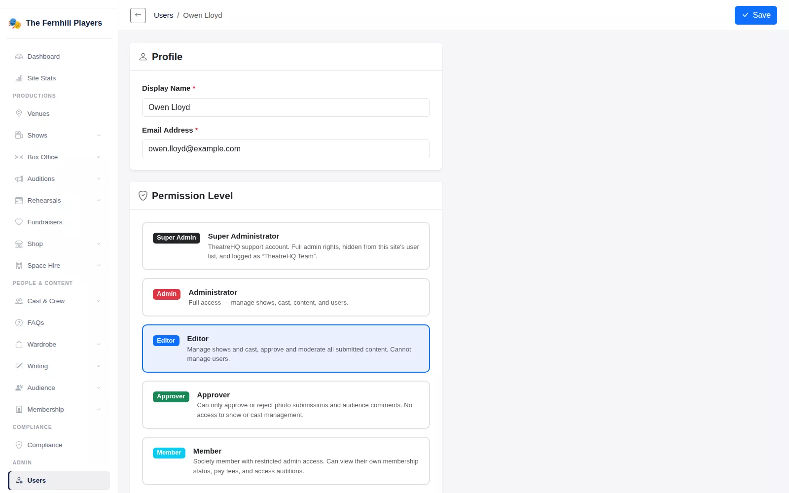 Editing a committee member: Permission Level and the Module Access checkboxes.