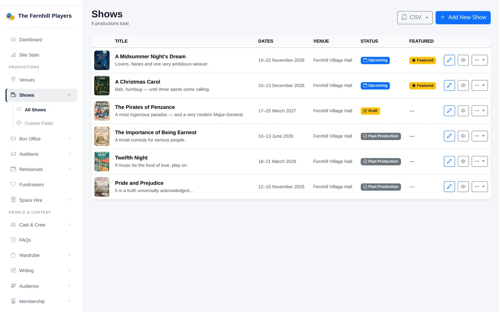 The shows list: upcoming, draft and past productions with dates, venue and status.