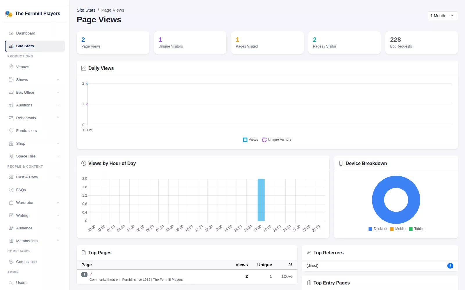 Page Views: visitors, daily views, views by hour, device breakdown and top pages.