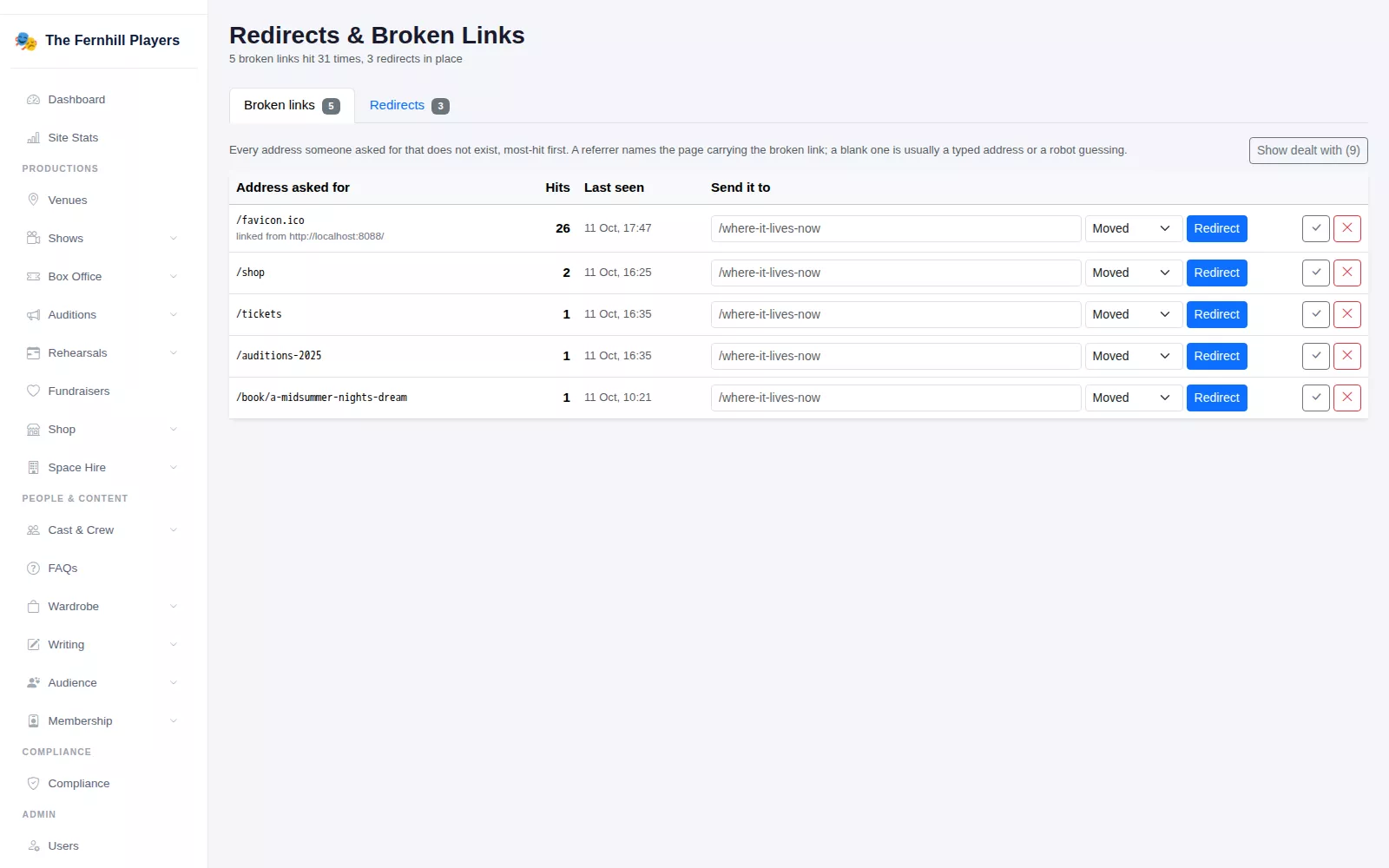 Redirects & Broken Links: addresses that were not found, how often they were hit, and a box to redirect each one.