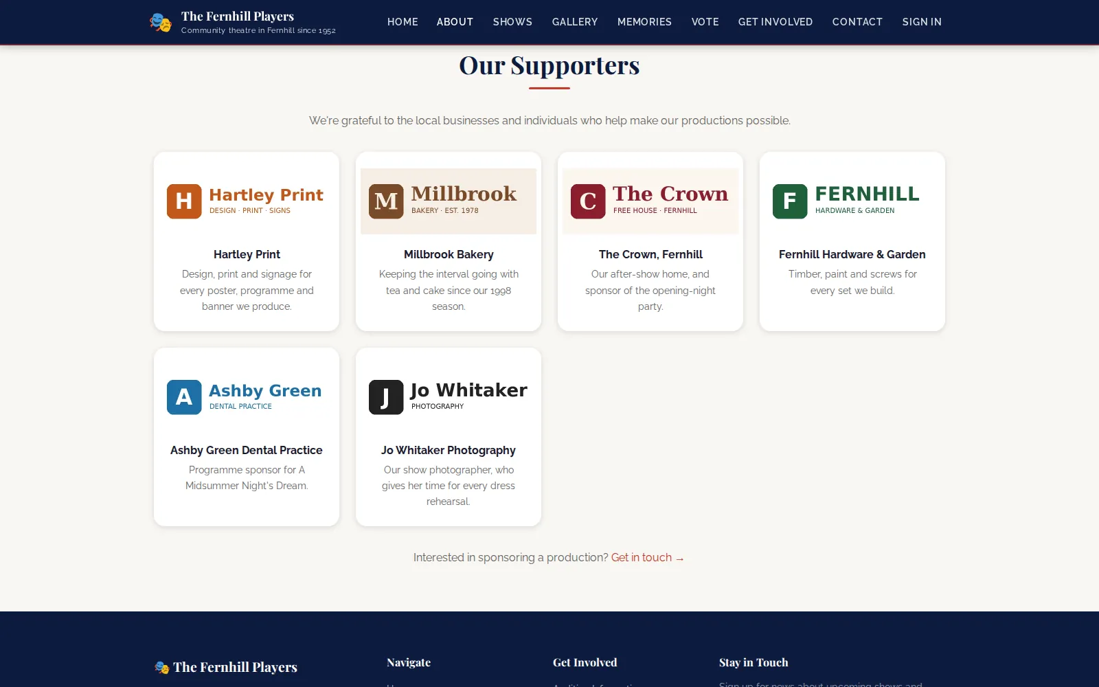 The Our Supporters section on the public About page, with logos, names and descriptions.