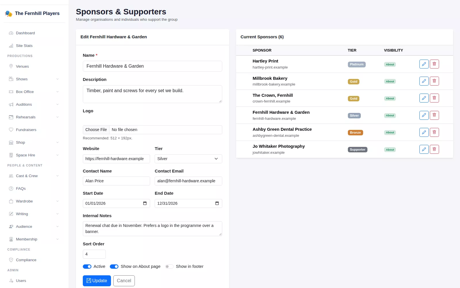 Editing a sponsor: logo, website, tier, contact details, dates, internal notes, sort order and visibility switches beside the list of current sponsors.