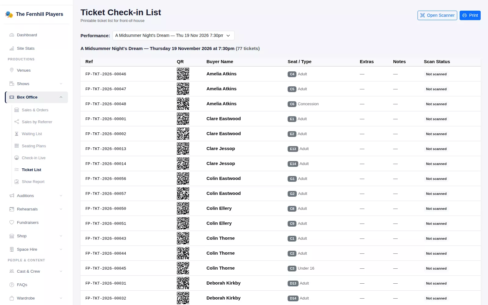 The Ticket Check-in List for one performance: each ticket's reference, QR code, buyer, seat and scan status.