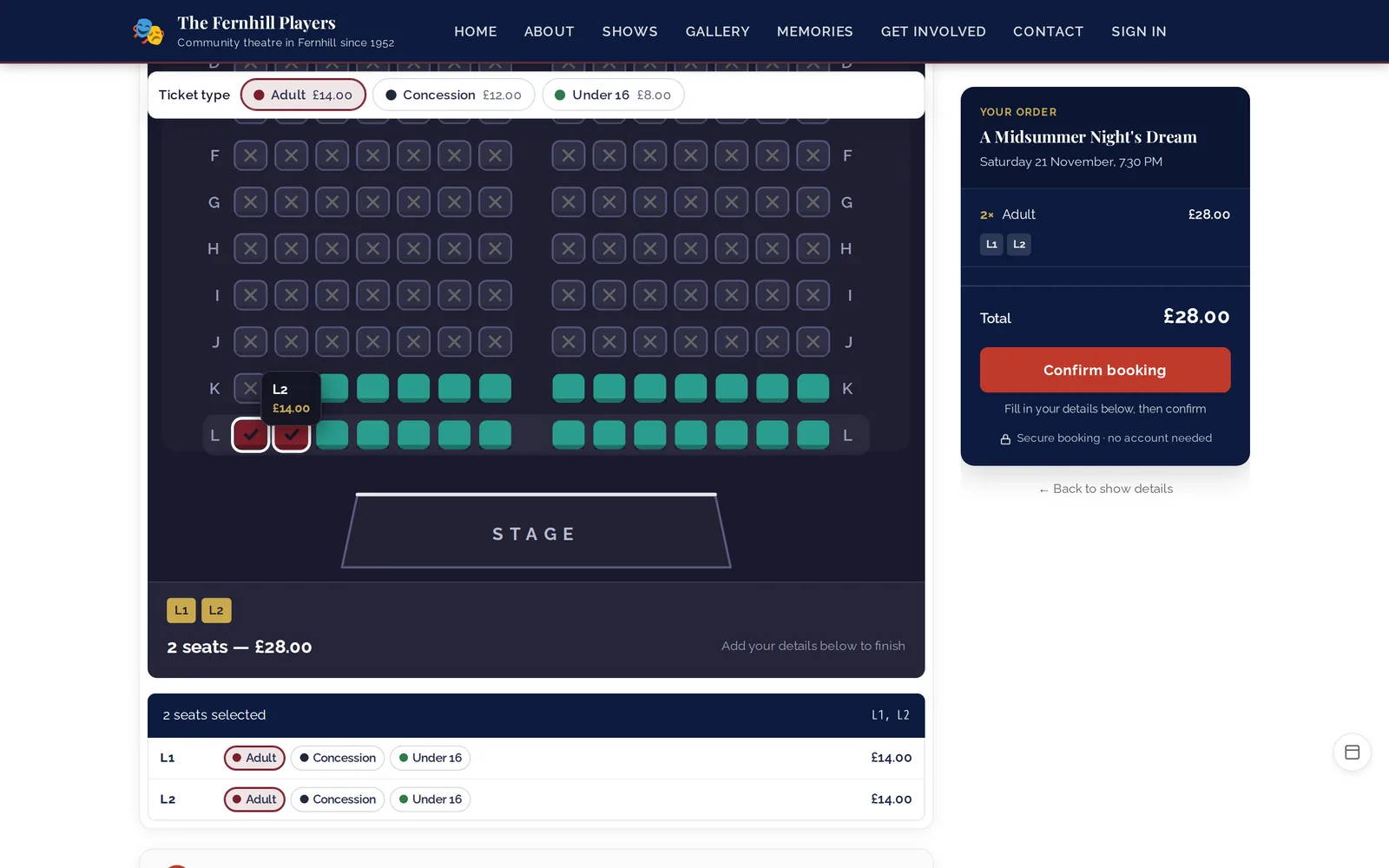 Booking two seats for a Saturday evening performance, with sold seats marked and the order total alongside.