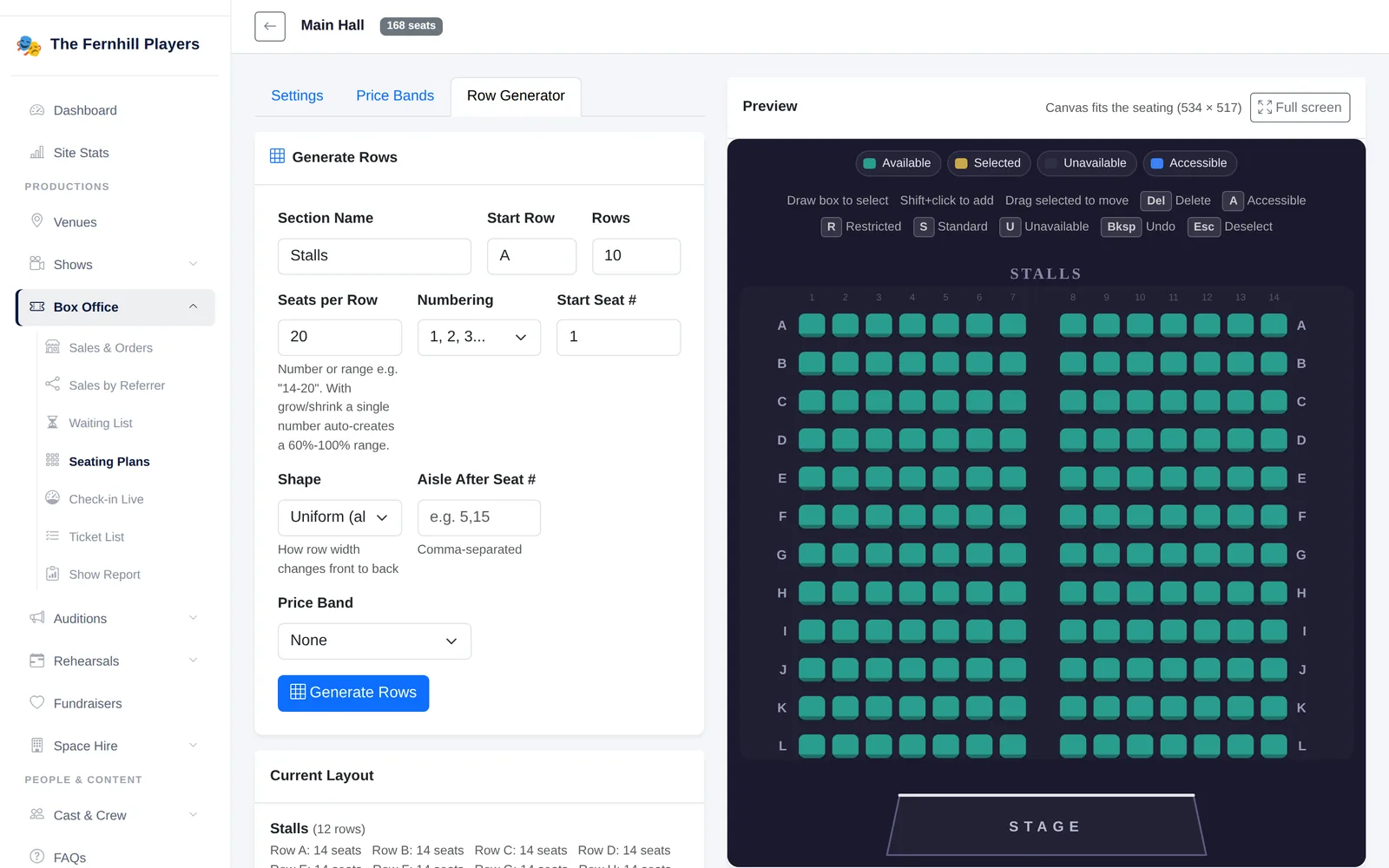 The seating plan builder: twelve rows of fourteen seats with a centre aisle, generated in one step.