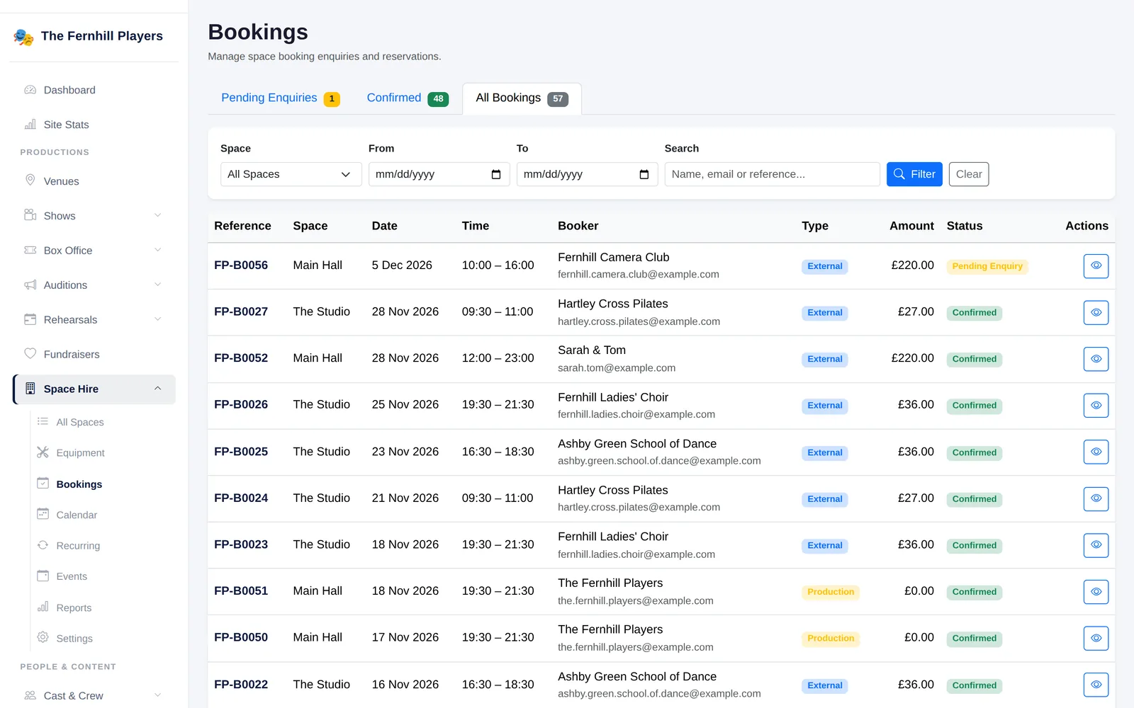 The bookings list: enquiries, confirmed hires and rehearsals with rooms, times and amounts.