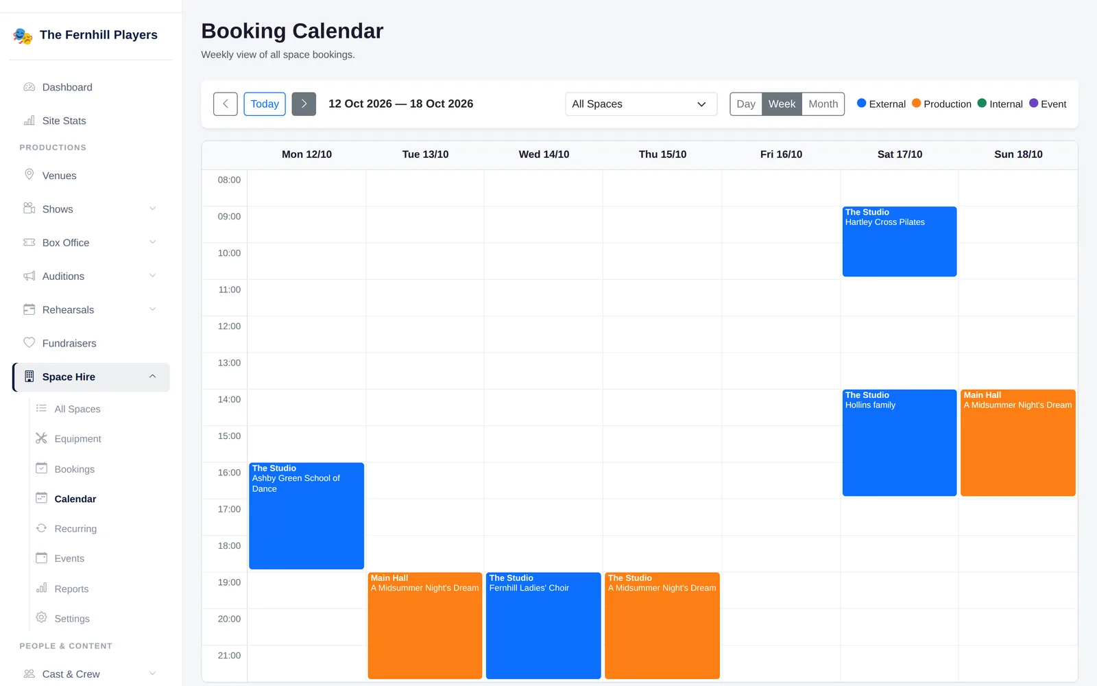 The booking calendar: a week of hires, classes and rehearsals across the hall and studio.
