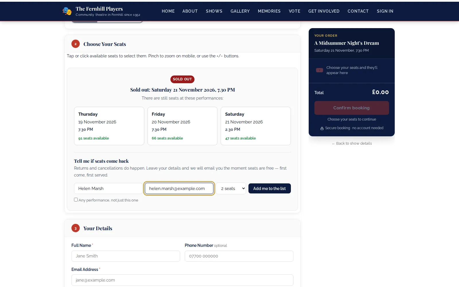 The booking page for a sold-out night: other dates with seats, and the form to join the waiting list.