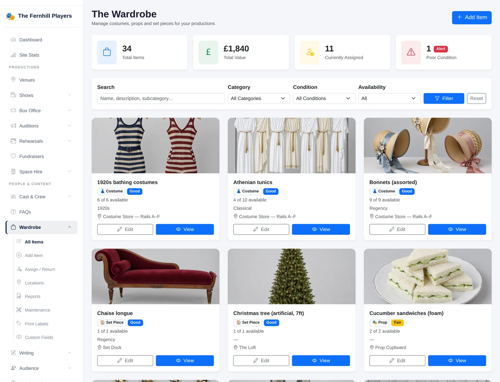 The wardrobe catalogue: costumes, props and set pieces with photos, availability, condition and location.