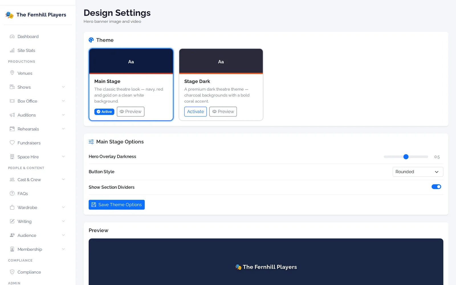 Design settings: choosing a theme and adjusting its options.