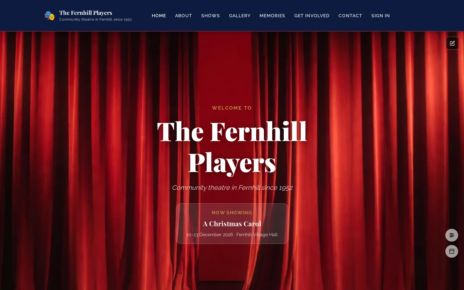 A society's homepage, featuring its next show.