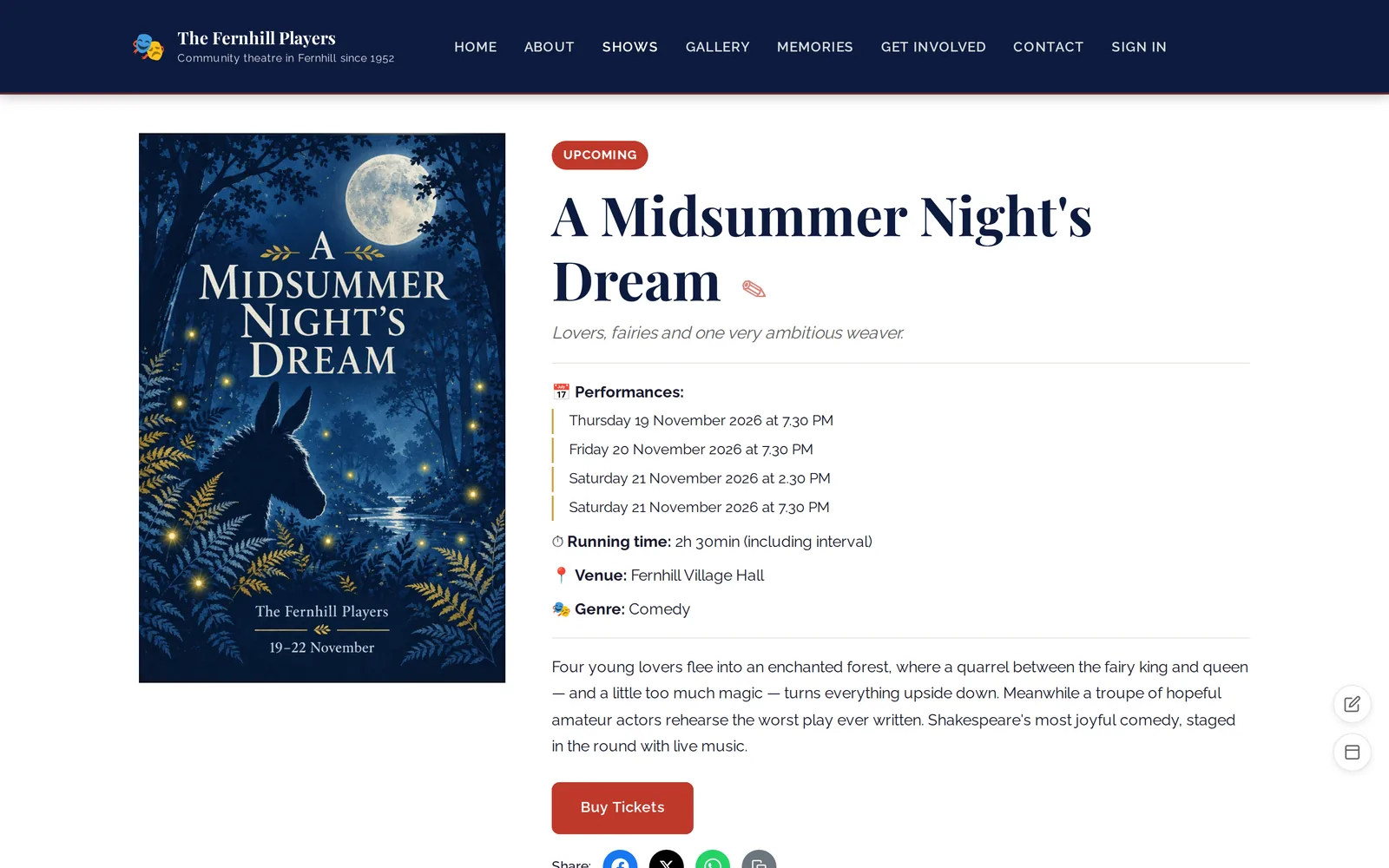 A show page with its poster, performance dates, details and booking button.