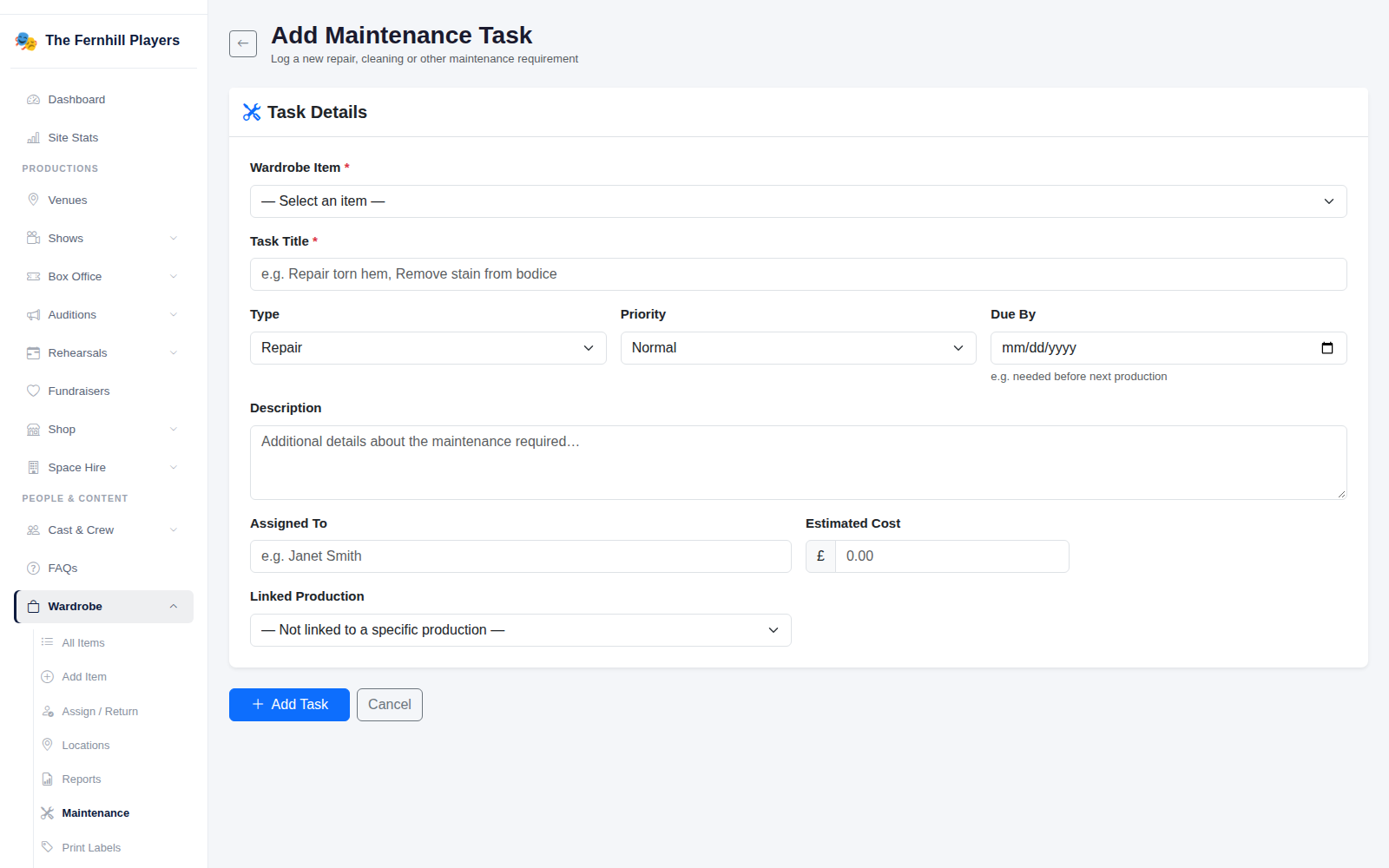 Adding a maintenance task: the item, what needs doing, priority and due date.