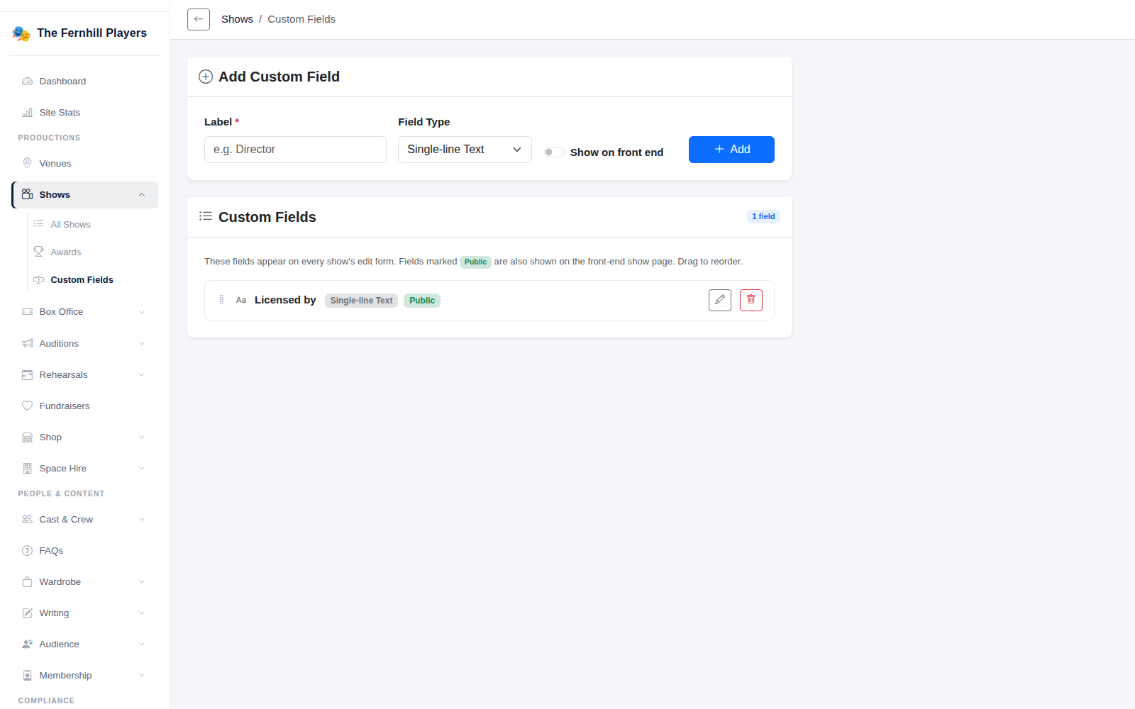 Show custom fields: add a label and type, and choose whether it shows on your website.