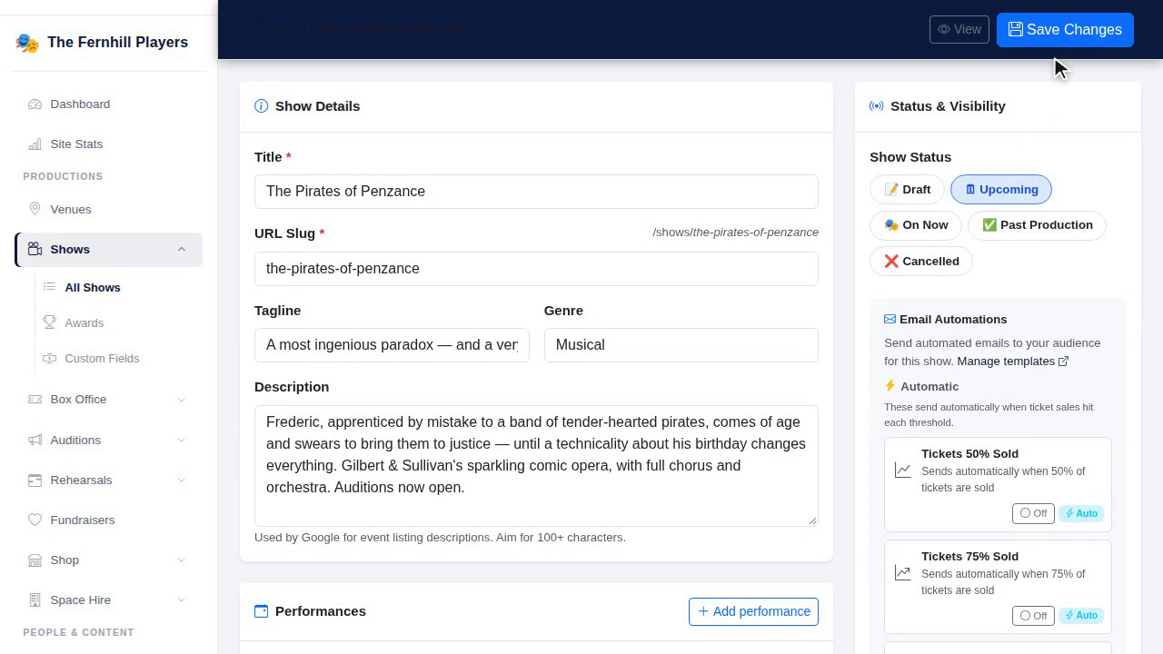 Changing the show status from Draft to Upcoming.