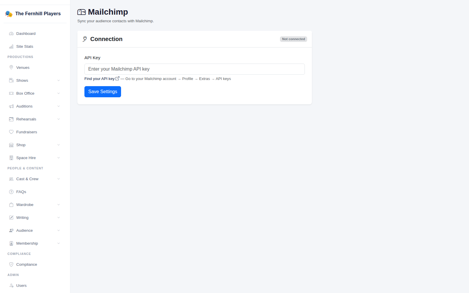 The Mailchimp settings, before connecting.
