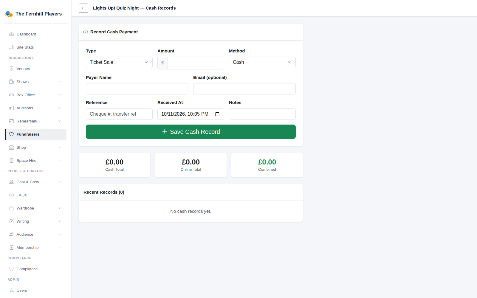 Recording a cash payment, with cash, online and combined totals.
