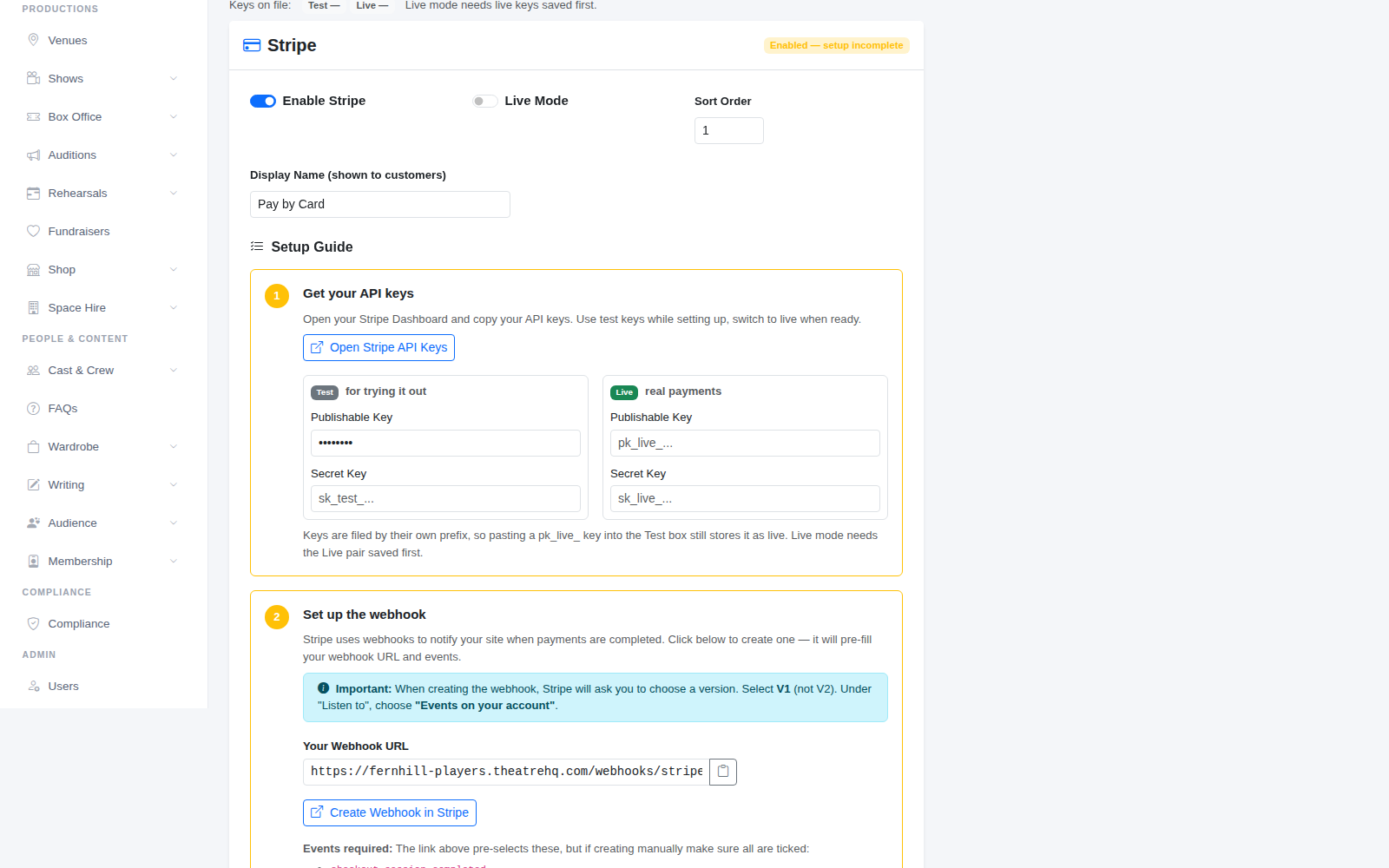 Stripe settings: enable, live mode, display name and the boxes for test and live keys.