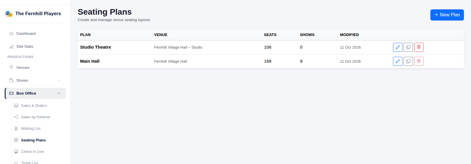 The Seating Plans page lists your existing plans.