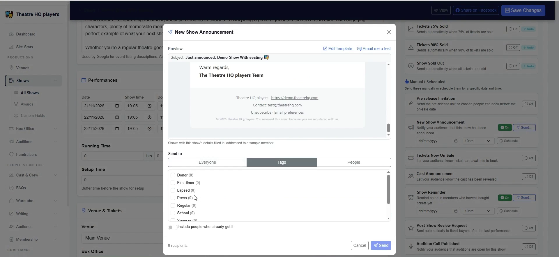 Preview the announcement and choose recipients by audience segment or email list.