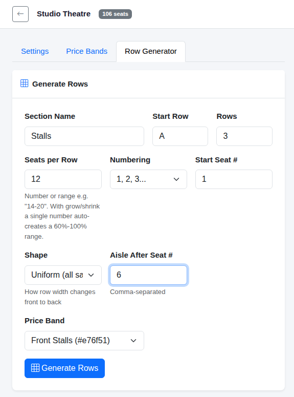 The Row Generator: three rows of 12 seats with an aisle after seat 6.