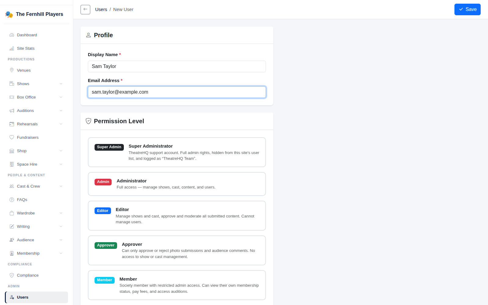 Adding a user: name, email and the permission levels to choose from.